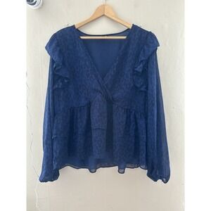 Torrid Womens Blouse Ruffle Blue Leopard Size 2X Plus Office Animal Print